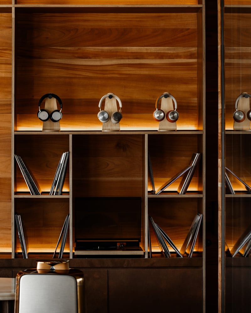 Bang & Olufsen headphones and vinyl records at Studio Roast