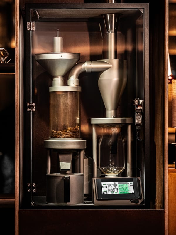 The glass air roaster at Studio Roast, with hopper, cyclone and touchscreen